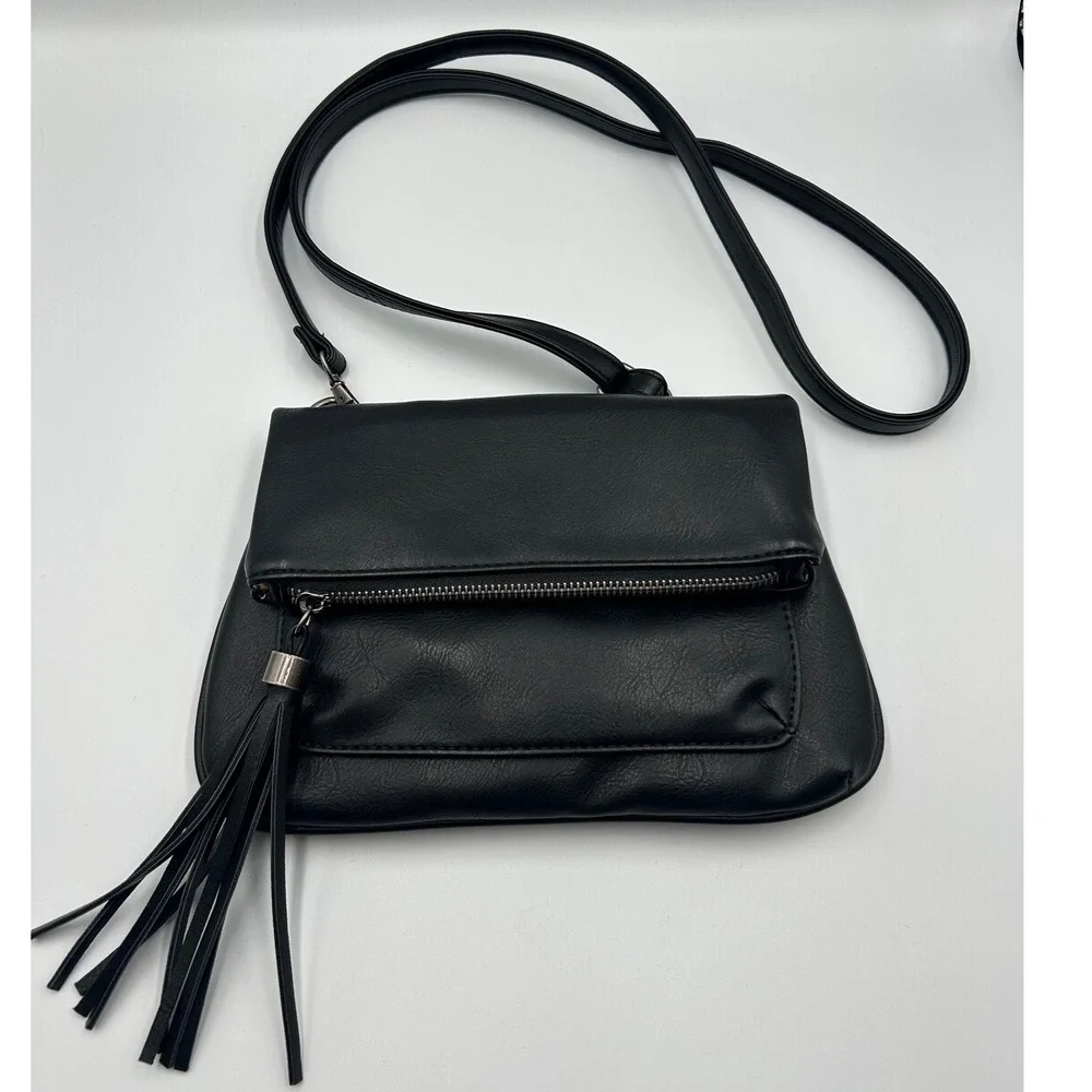 Joy Susan Black Vegan Leather Tassel Crossbody Bag Floral Lining Boho Handbag